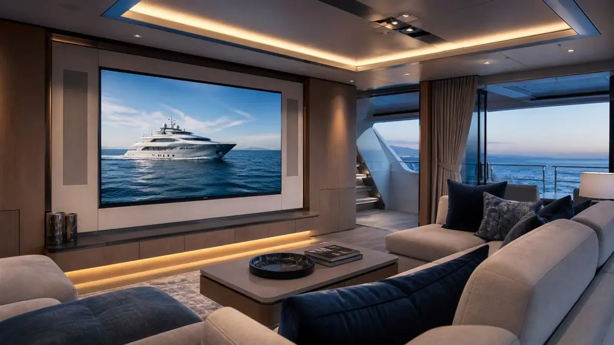 Integrated audio and video in a luxury yacht lounge